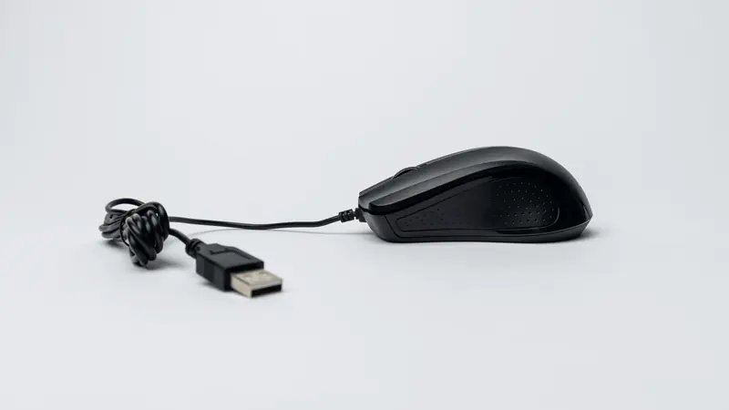 Souris d'ordinateur noire filaire posée sur un fond blanc, câble USB enroulé au premier plan