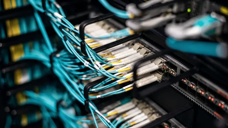 Câbles de fibre optique bleus branchés sur un commutateur réseau dans une baie