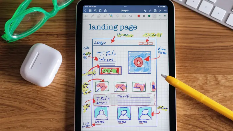 Tablette affichant le croquis d'une page d'accueil de site à côté d'un crayon