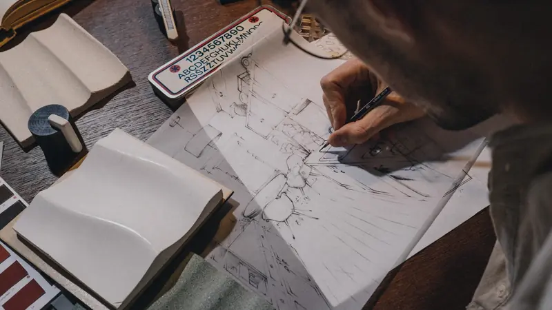 Dessinateur esquissant un projet au crayon sur une table couverte d'échantillons de matériaux